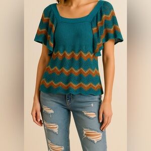Free People Boho Chevron Knit‎ Top Flutter Sleeve Square Neck Festival Size XS